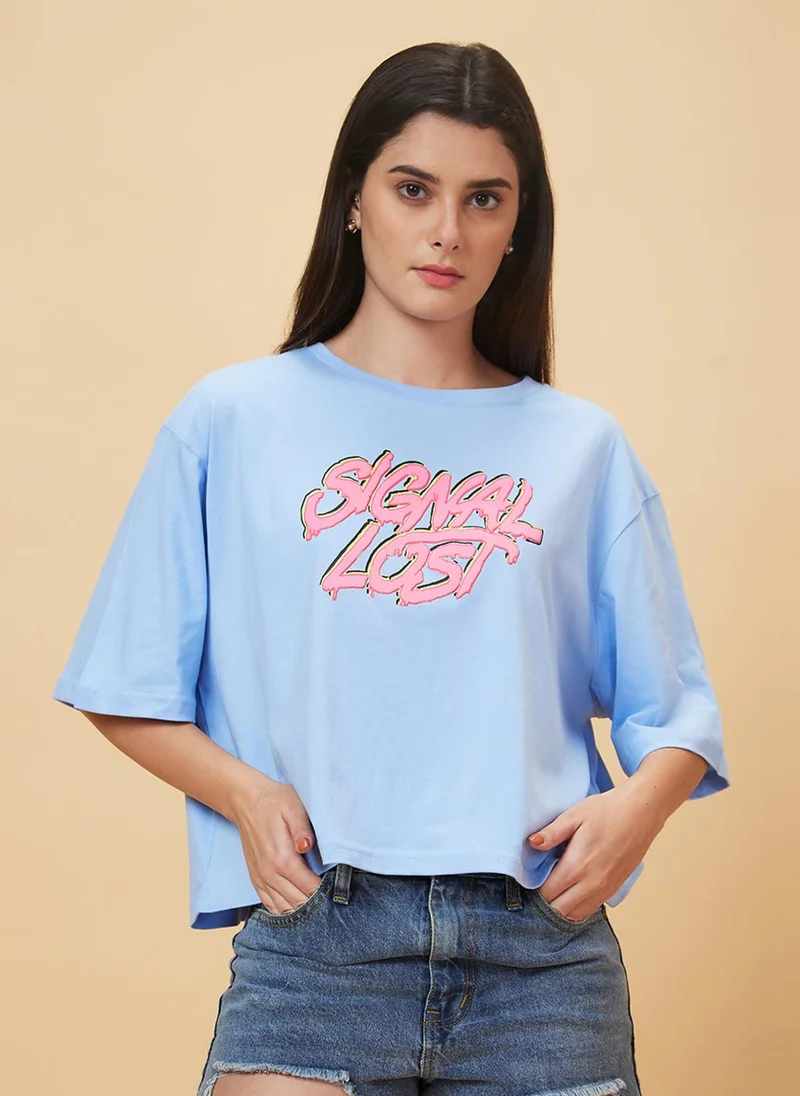 globus Globus Women Blue Typography Printed Pure Cotton Oversized Casual T-Shirt