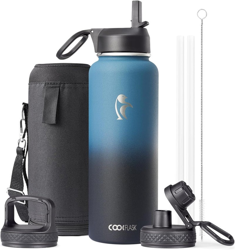 Coolflask Water Bottle 40 oz Insulated with Straw, Stainless Steel Metal 3 Lids Water Flask for Sports or Office, Keep Cold 48H Hot 24H, Samurai Cyan - Image 1