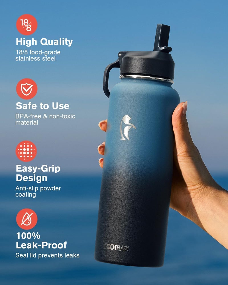 Coolflask Water Bottle 40 oz Insulated with Straw, Stainless Steel Metal 3 Lids Water Flask for Sports or Office, Keep Cold 48H Hot 24H, Samurai Cyan - Image 3