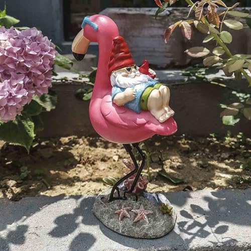 Jy.Cozy Gnome Garden Statue Funny Gnome Reclining on Flamingo Dwarf Figurines Resin Garden Gnomes Fall Decorations Outdoor for Patio Yard Lawn Porch Housewarming Ornament Gift - Image 1