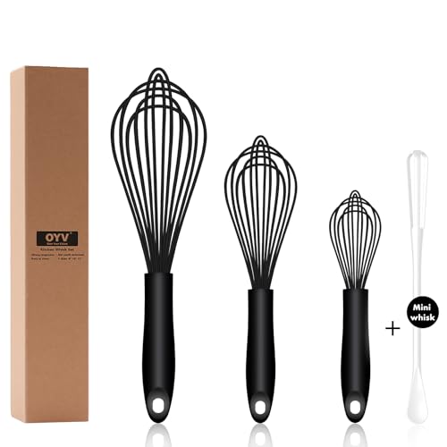 OYV Dishwasher Safe Silicone Whisk Sealed Waterproof Design Set of 3 Professional Kitchen Whisks for Cooking NonScratch Silicone Stainless Steel Whisk Heat Resistant Balloon Egg Beater Black