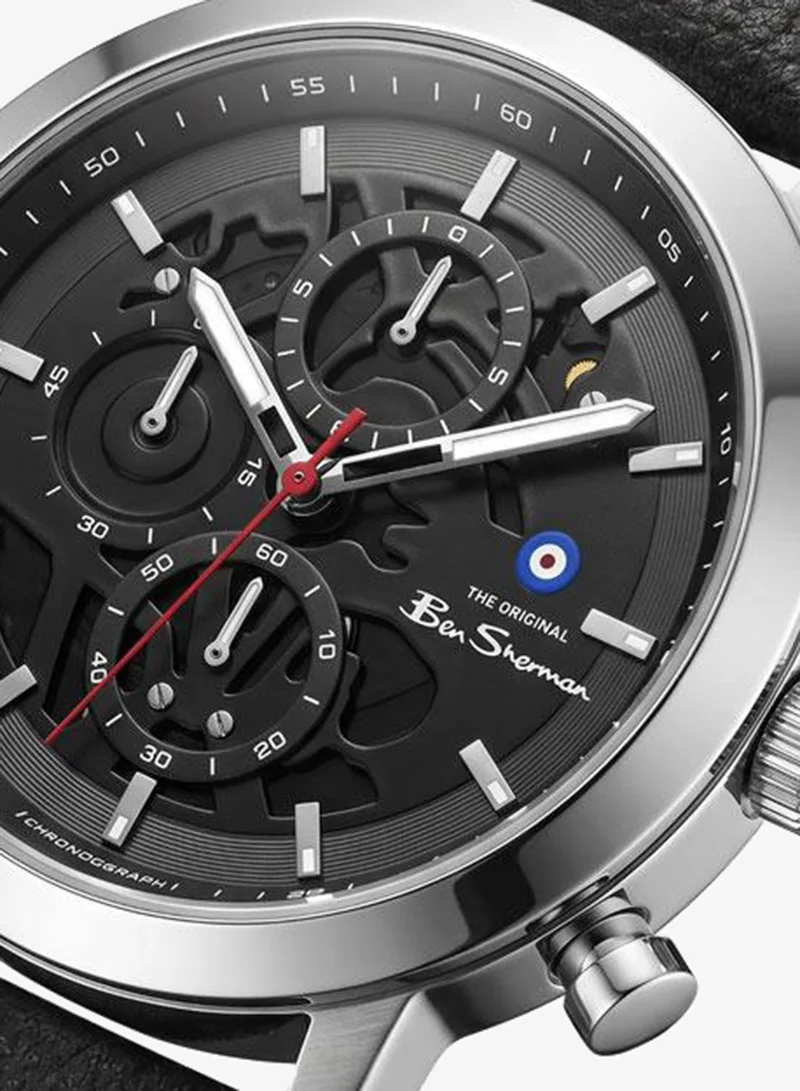 Ben Sherman Nottingham Black Dial Black Genuine Leather Strap Chronograph Watch for Men, 44mm
