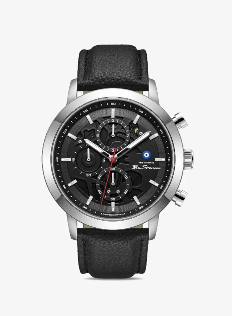 Ben Sherman Nottingham Black Dial Black Genuine Leather Strap Chronograph Watch for Men, 44mm