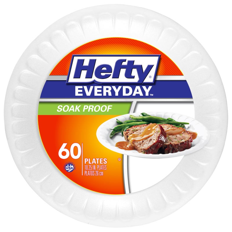 Hefty Everyday SoakProof Foam Plates White 1025 Inch 60 Count