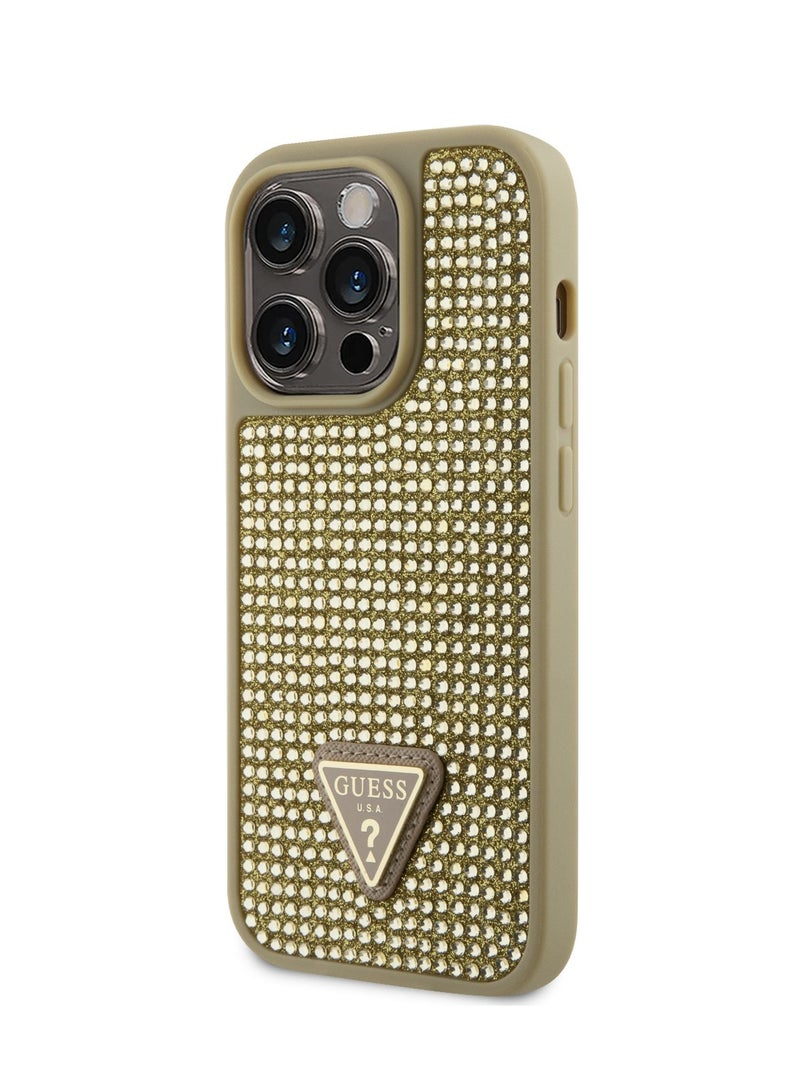 GUESS iPhone 15 Pro Rhinestone Case with Triangle Logo Back Cover / Drop Protection / Easy Snap-On / Accurate Cutouts / Protection Against Dirt and Scratches - Gold - Image 3