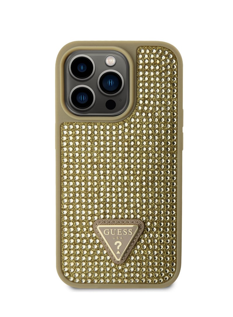 GUESS iPhone 15 Pro Rhinestone Case with Triangle Logo Back Cover / Drop Protection / Easy Snap-On / Accurate Cutouts / Protection Against Dirt and Scratches - Gold - Image 1