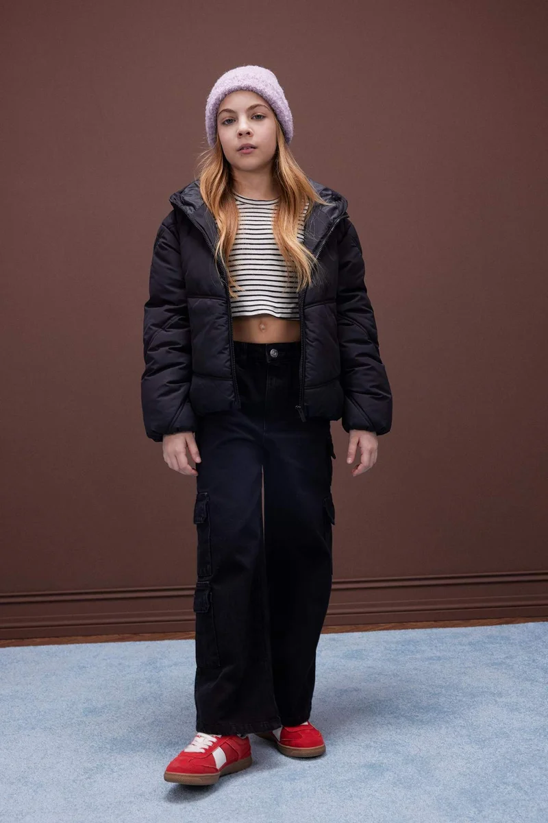ديفاكتو Girl Hooded Zippered Waterproof Puffer Jacket