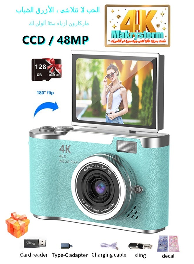 4k CCD Digital Zoom Student Digital Camera 48MP Portable Digital Photography Camera 180° Flip Screen Selfie Camera,free 128GB SD card