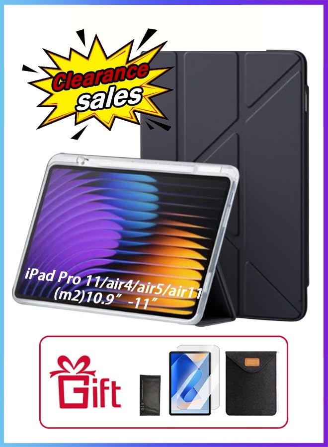 iPad Air 11 Inch (M2) Case & iPad Pro 11 Inch Cover (1st/2nd/3rd/4th Generation), iPad Cover With Pen Slot, Shockproof Y Folding Stand, Transparent Tpu Protective Case, Flip Cover Stand Smart Wake-Up/ Free Aed 23 Anti-Glare Protective Film - Black - Image 1