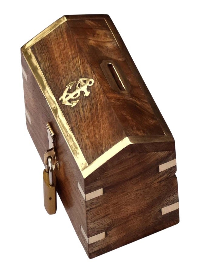 Timber Revival Co Handcrafted Mango Wood Piggy Bank with Brass Anchor Inlay & Lock - Wooden Money Saving Box for Kids & Adults | Decorative Coin Bank & Gift Size 5.75x3x2.75 by Timber Revival Co.® - Image 3