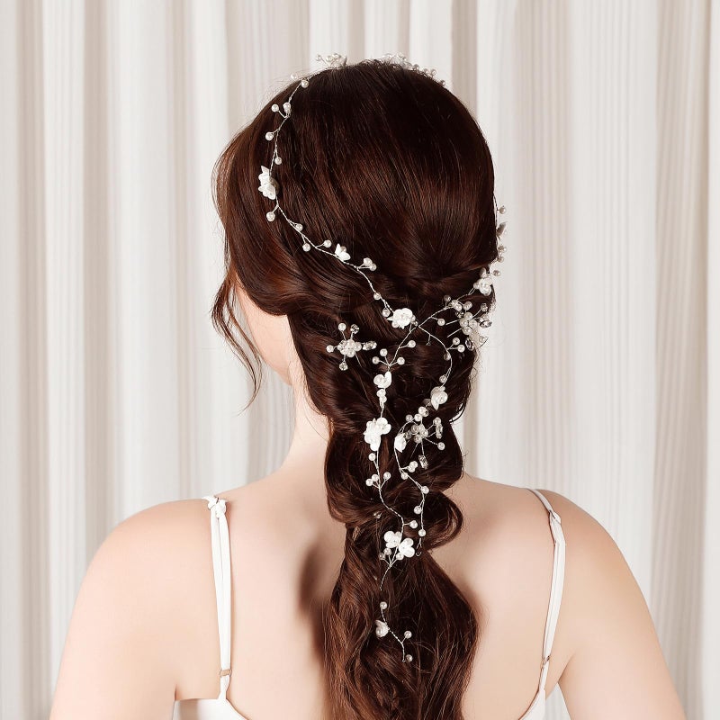 BEAYFILY Bridal Wedding Hair Vine,Extra Long Pearl and Crystal Beads Bride Head Piece,Silver Hair Accessories for Women and Girls (Silver) - Image 2