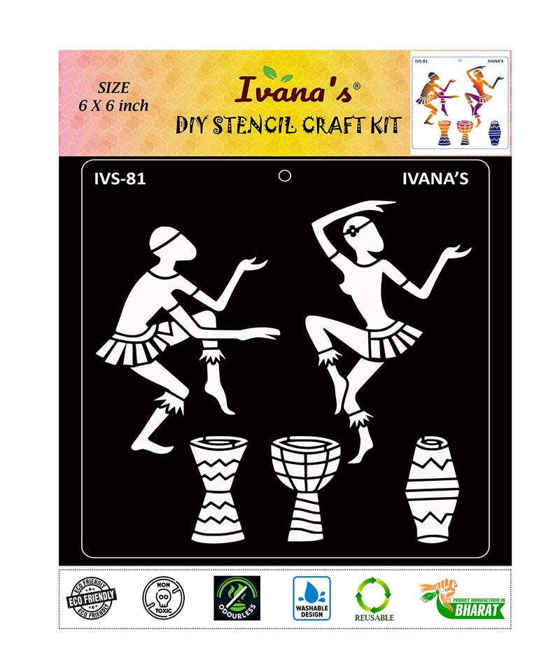 IVANA'S Tribal Dancing Art Stencil for Art & Craft, DIY Decorative Stencil for Painting on Canvas, Fabric, Cloth, Paper, Glass, Furniture and Wall, Size - 6 x 6 inch, Pack of 1, IVS-81, Off White - Image 1