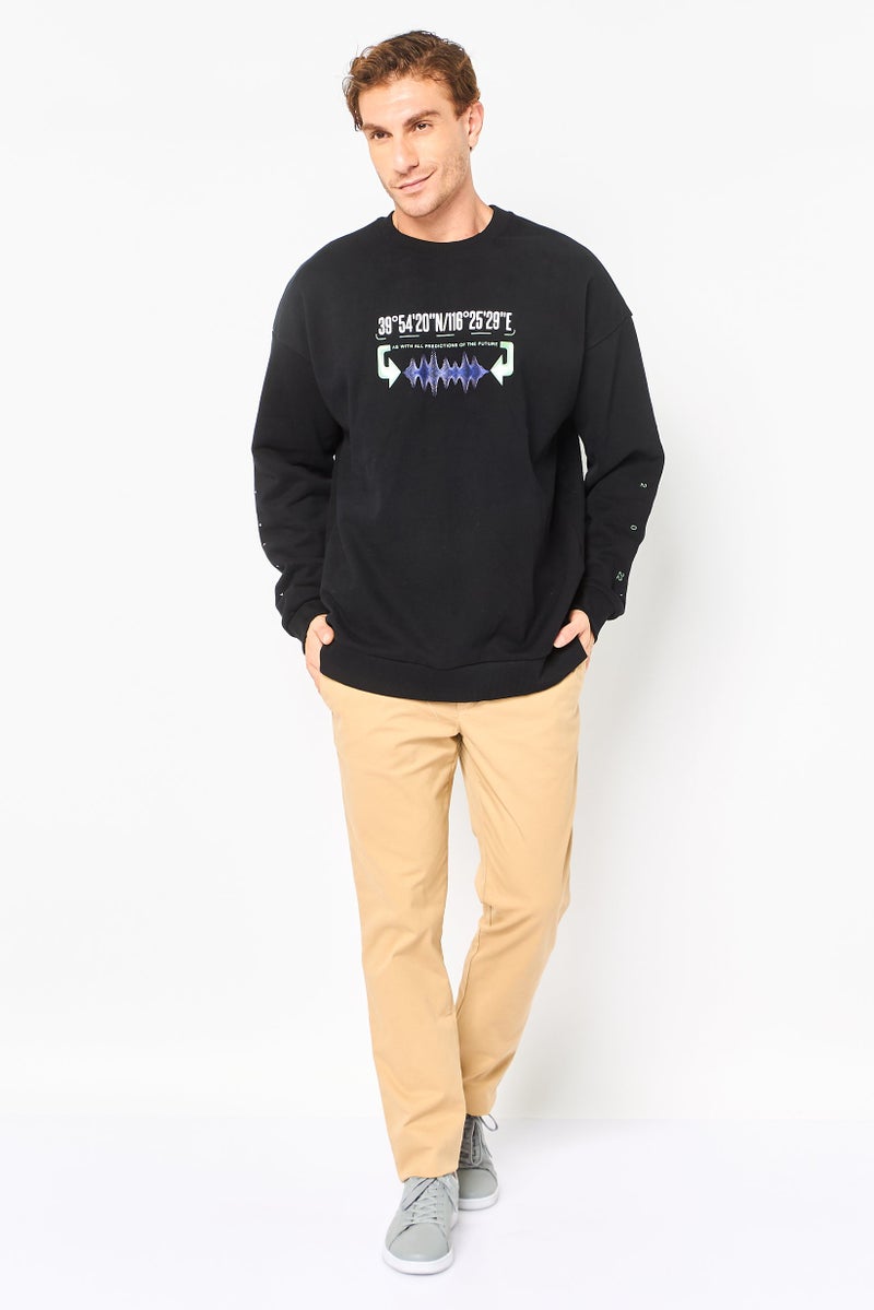 SELECTED Men Crew Neck Long Sleeve Graphic Print Sweatshirt, Black - Image 3