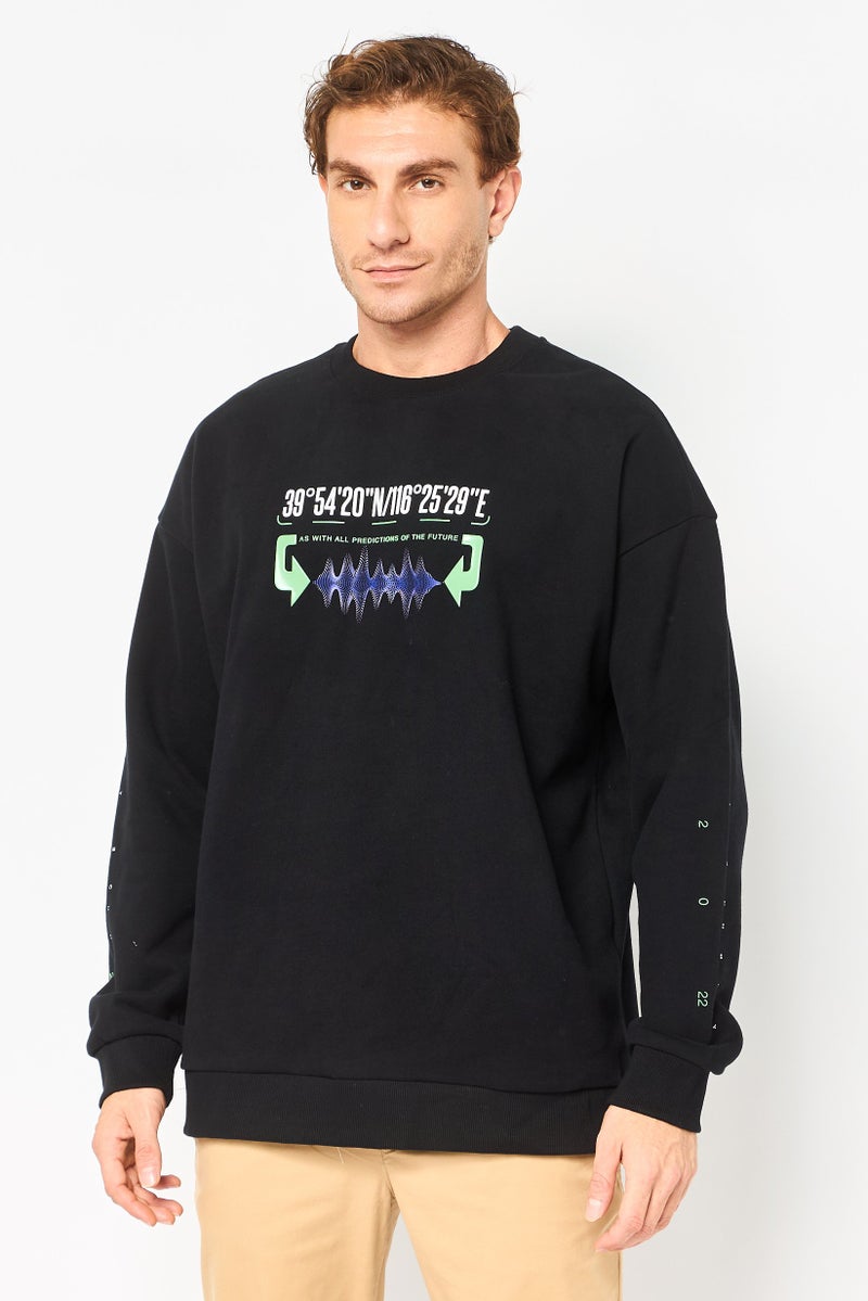 SELECTED Men Crew Neck Long Sleeve Graphic Print Sweatshirt, Black - Image 1