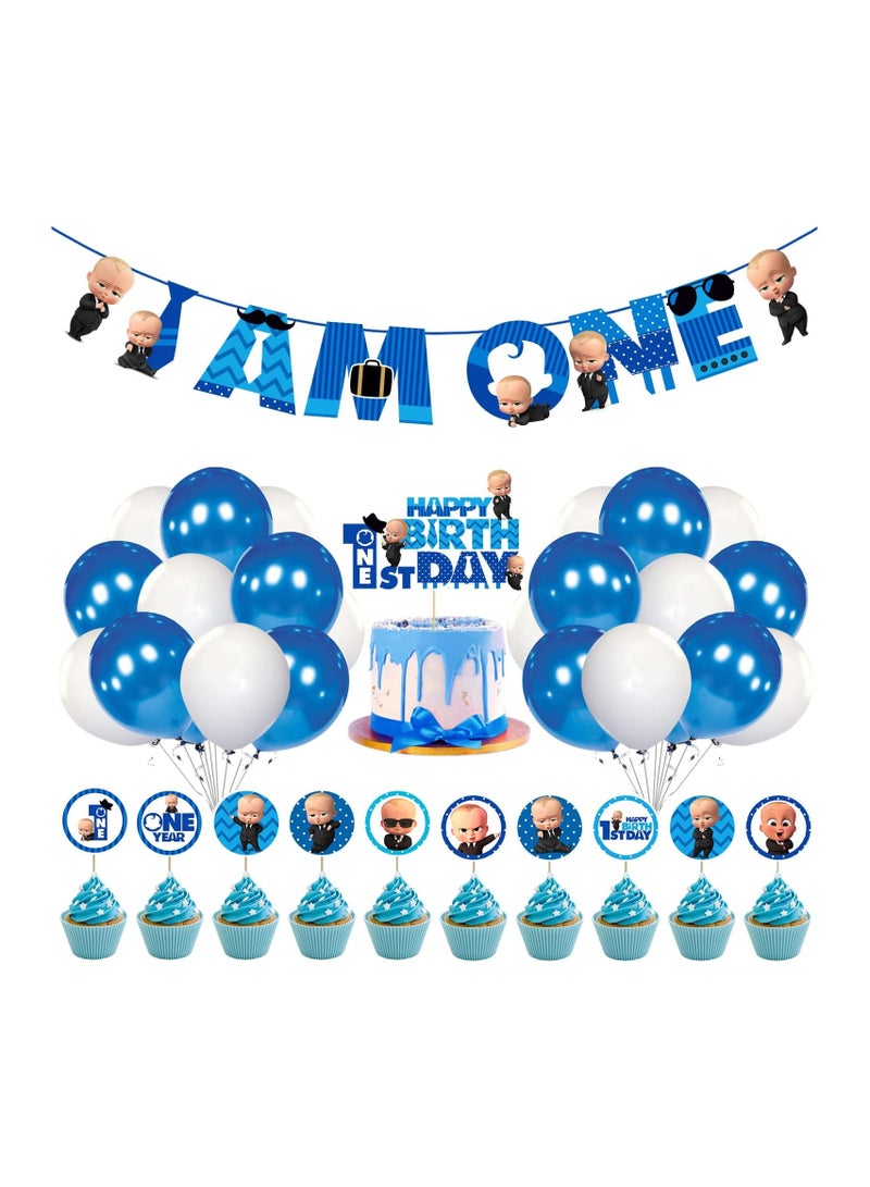Baby Boss 1st Birthday Party Supplies, Boss Baby Birthday for Boys with Happy Birthday Banner Cake Topper Cupcake Toppers Balloons(Pack of 37)