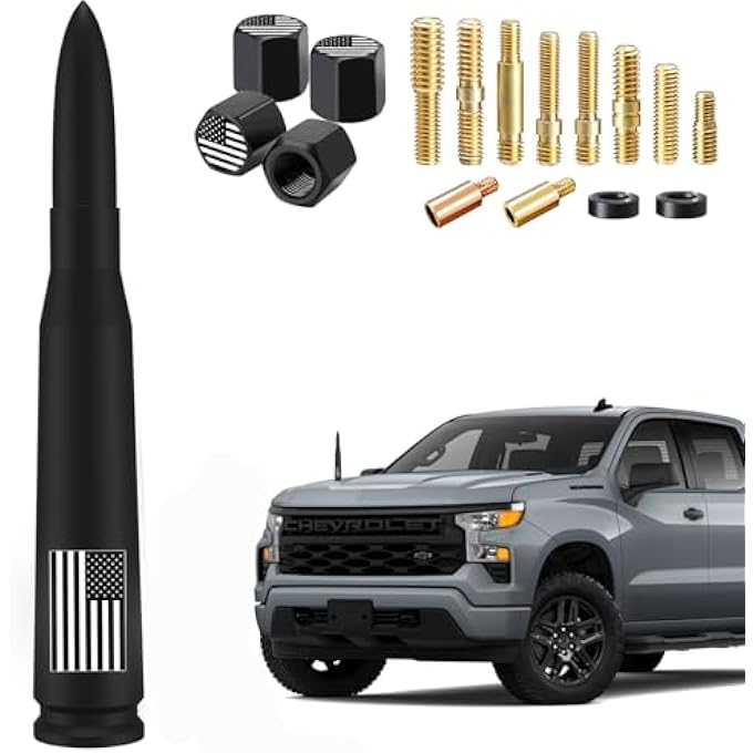 rayihni Truck Car Bullet Antenna with Valve Stem Caps Mast for GM Chevy Silverado 1500 2500 3500 HD Ford F150 F250 F350 Denali Heavy Pickup Jeep Wrangler JK & JL (2007-2023) Truck Accessories (Matte Black) - Image 2