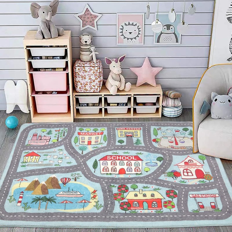Uphome Extra Large Kids Playroom Rug Play Carpet 4’ x 6’, Blue Educational Children’s Play Mat, Learning & Have Fun Safely Non-Slip Washable Road Traffic Floor Area Carpet, Great for Kids Room Bedroom - Image 1