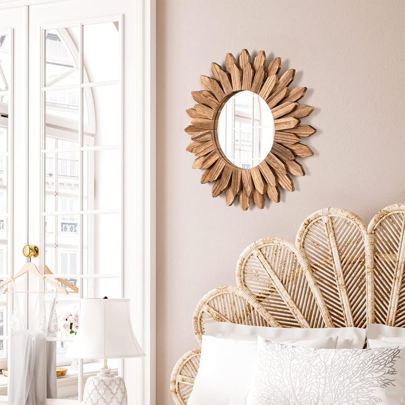 Emfogo Wall Mirror 12 inch Rustic Wood Farmhouse Mirror Sunburst Boho Mirror Wall Decor Room Decor Home Decor for Bedroom Living Room Entryway (Carbonized Black) Multiple sizes - Image 2