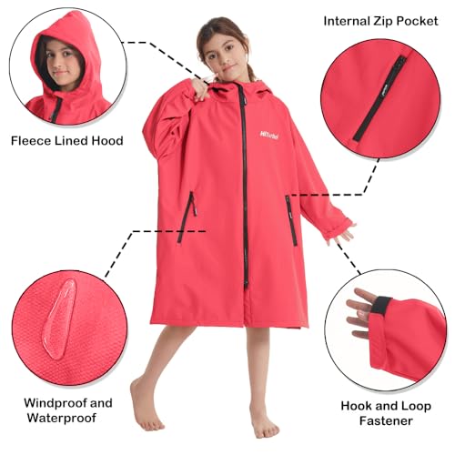 Hiturbo Kids Waterproof Swim Parka: Thin Fleece Swimming Coat - Oversized Swimmer Jacket - Knee Length Swim Team Outfit (9-13Y, Pink) - Image 3