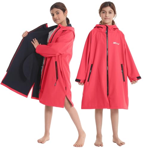Hiturbo Kids Waterproof Swim Parka: Thin Fleece Swimming Coat - Oversized Swimmer Jacket - Knee Length Swim Team Outfit (9-13Y, Pink) - Image 2