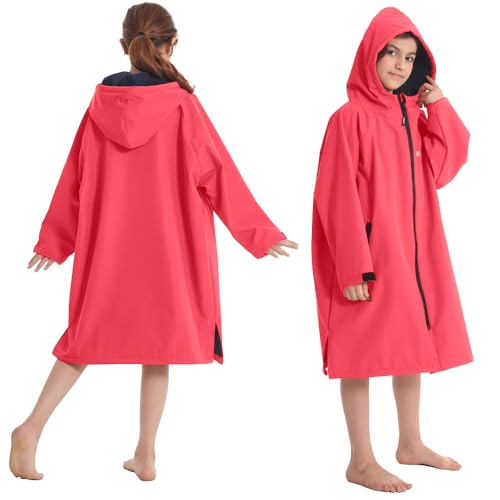 Hiturbo Kids Waterproof Swim Parka: Thin Fleece Swimming Coat - Oversized Swimmer Jacket - Knee Length Swim Team Outfit (9-13Y, Pink) - Image 5