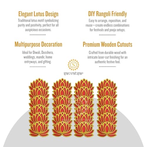 Sanvatsar Home White Golden Lotus 4 Inch Set of 24 Wooden Cutout DIY Rangoli Kit | Decorations for Diwali, Dusshera Wedding Rangoli, Pooja, Decorations, Festival Gift (Red24) - Image 3