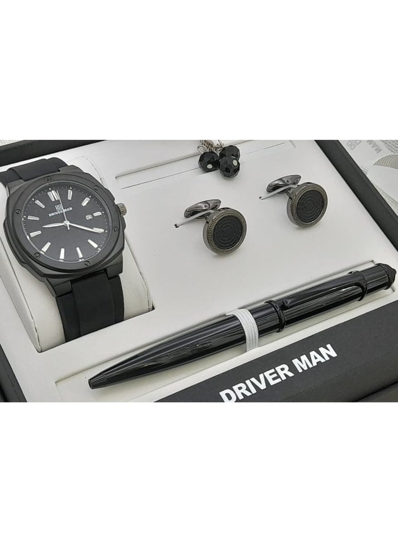 طقم ساعه رجالي درايفر مان بعلبه فاخره.مكون من ساعه قلم كبك وسبحه