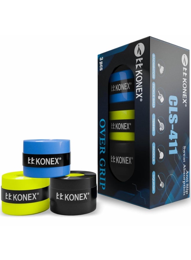 كونيكس شريط لاصق لمقابض مضارب كرة الريشة والتنس من Konex (عبوة من 3 قطع) | غلاف خارجي متعدد الألوان ومضاد للانزلاق | مقبض متين وقوي ومزود ببطانة مريحة ويمتص الرطوبة | مثالي لجميع مضارب الرياضة - Image 1