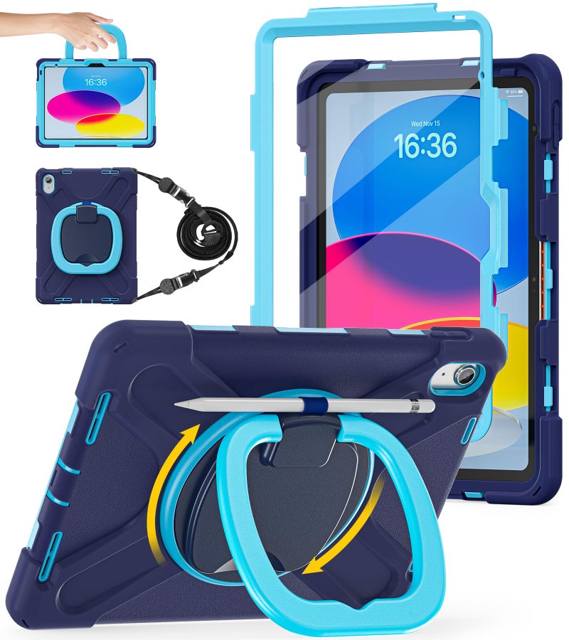 BATYUE Case for iPad (A16) 11th/10th Gen 11''/10.9'' 2025/2022 - Heavy Duty Shockproof Cover with 360Â° Rotating & 180Â° Folding Stand, Screen Protector, Shoulder Strap & Pencil Holder | NavyBlue - Image 1