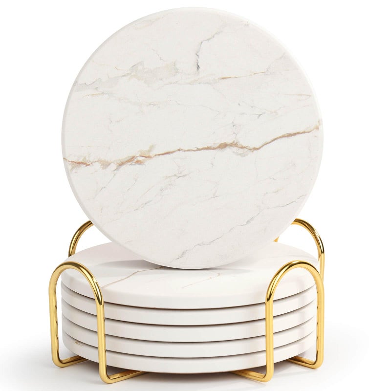 Acejoz Drink Coasters with Holder for Coffee Table, Absorbent Coasters Set of 6, Marble Style Ceramic Coaster for Wooden Table, Suitable for Kinds of Cups, Home Decor, 4 Inches(White) - Image 1