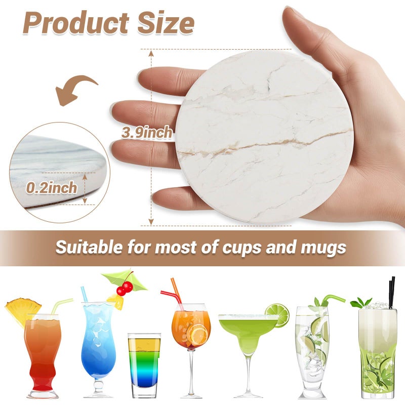 Acejoz Drink Coasters with Holder for Coffee Table, Absorbent Coasters Set of 6, Marble Style Ceramic Coaster for Wooden Table, Suitable for Kinds of Cups, Home Decor, 4 Inches(White) - Image 3