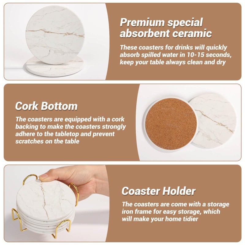 Acejoz Drink Coasters with Holder for Coffee Table, Absorbent Coasters Set of 6, Marble Style Ceramic Coaster for Wooden Table, Suitable for Kinds of Cups, Home Decor, 4 Inches(White) - Image 5