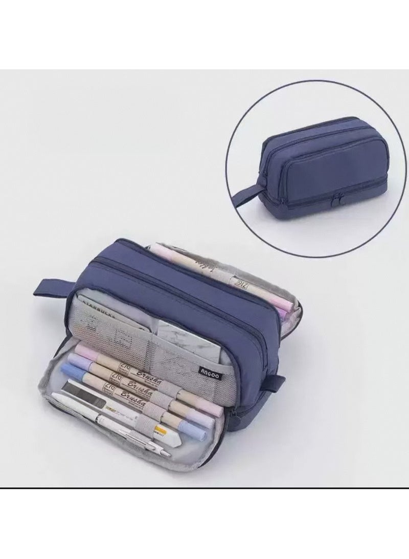 ANGOO large capacity pencil case, 3 compartments canvas pencil case, suitable for teenagers, boys, girls, and students - Image 1