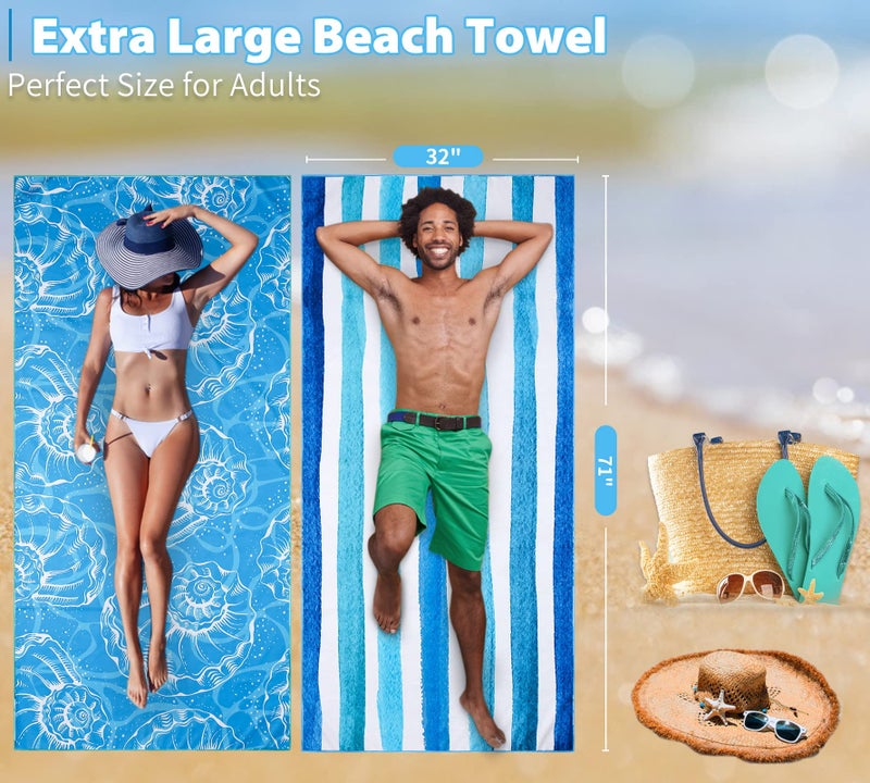 Gomust 2 Pack Lightweight Thin Beach Towel Oversized 71"x32" Big Extra Large Microfiber Sand Free Towels for Adult Quick Dry Travel Camping Beach Accessories Vacation Essential Gift Blue Shell Stripe - Image 3