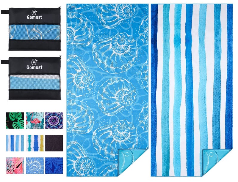 Gomust 2 Pack Lightweight Thin Beach Towel Oversized 71"x32" Big Extra Large Microfiber Sand Free Towels for Adult Quick Dry Travel Camping Beach Accessories Vacation Essential Gift Blue Shell Stripe - Image 1