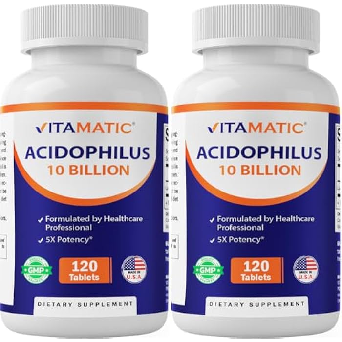 Vitamatic 2 Packs Acidophilus Probiotic - 10 Billion CFU - 120 Tablets - 5X Potency - Daily Probiotic Supplement, Supports Digestive Health (Total 240 Tablets) - Image 1
