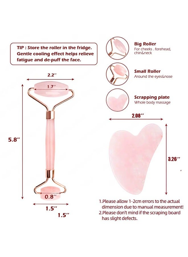 Loquat 2PCS Rose Quartz Jade Roller and Gua Sha Set – Face Massager and Eye Roller Tool for Wrinkle Reduction, Skin Firming, and Relaxation (Pink/Gold) - Image 2