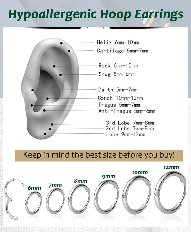 AMASIS 1 Pair 6mm Small Hoop Earrings for Women, 316L Surgical Stainless Steel Huggie Hoop Earrings Hypoallergenic Cartilage Hoop Earrings for Helix Tragus Conch Piercing Jewelry for Women Men(Silver/1.6mm) - Image 2