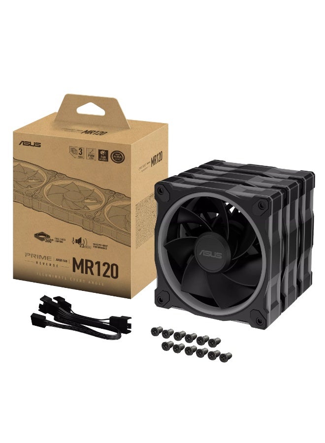 ASUS Prime MR120 ARGB Reverse Fan Triple Pack, 120mm Sleeve Bearing Case Fans, 1600 RPM ±10%, 58 CFM Airflow, 1.38 mm H₂O Static Pressure, Ultra-Quiet 23 dB(A), Dual-Layer Addressable RGB with 20 LEDs, Aura Sync Compatible, 12V, Black | 90DA00L0-B09020 - Image 1