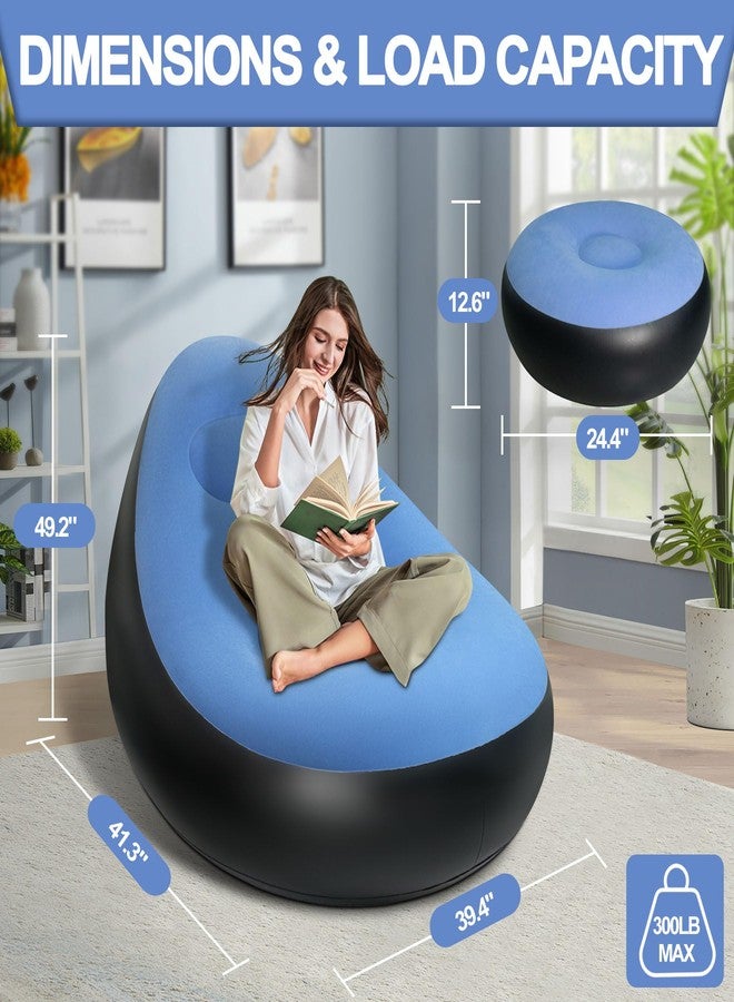 SeaSlep كرسي SeaSlep قابل للنفخ مع مسند للقدمين، أريكة قابلة للنفخ للبالغين بسطح مخملي، كرسي هوائي مريح قابل للنفخ، أريكة هوائية محمولة مقاومة للماء للتخييم (أزرق) (بدون مضخة) - Image 3