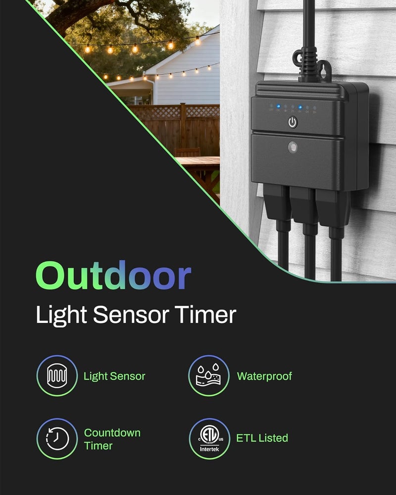 BN-LINK Outdoor Light Timer, Waterproof Plug-in Dusk-to-Dawn Controller with 3 Grounded Outlets for Christmas & Halloween String Lights, 15A 1/2HP, ETL Listed - Image 2