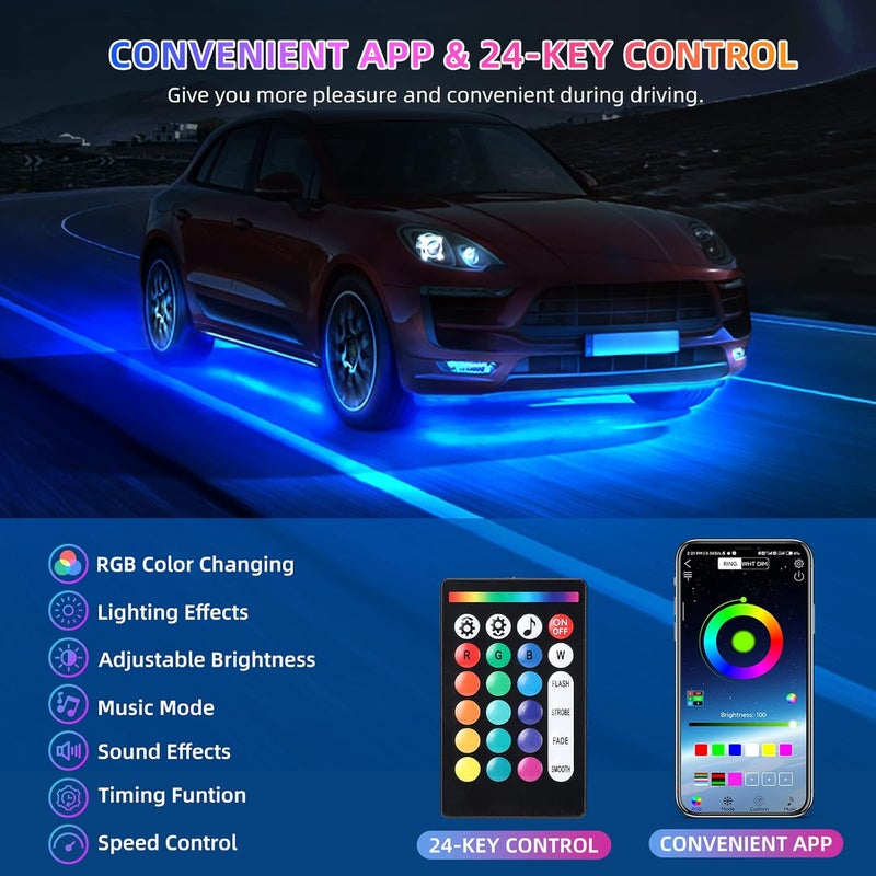 TDE Explorer.Lighting 4 pcs LED Neon Car Underglow Strip Lights for Jeep SUV ATV UTV Truck Golf Cart Driving Travel Essentials, 12-18V Waterproof Undercar Lighting with APP/RF Remote Control Music Sync Underbody Light Kit - Image 4