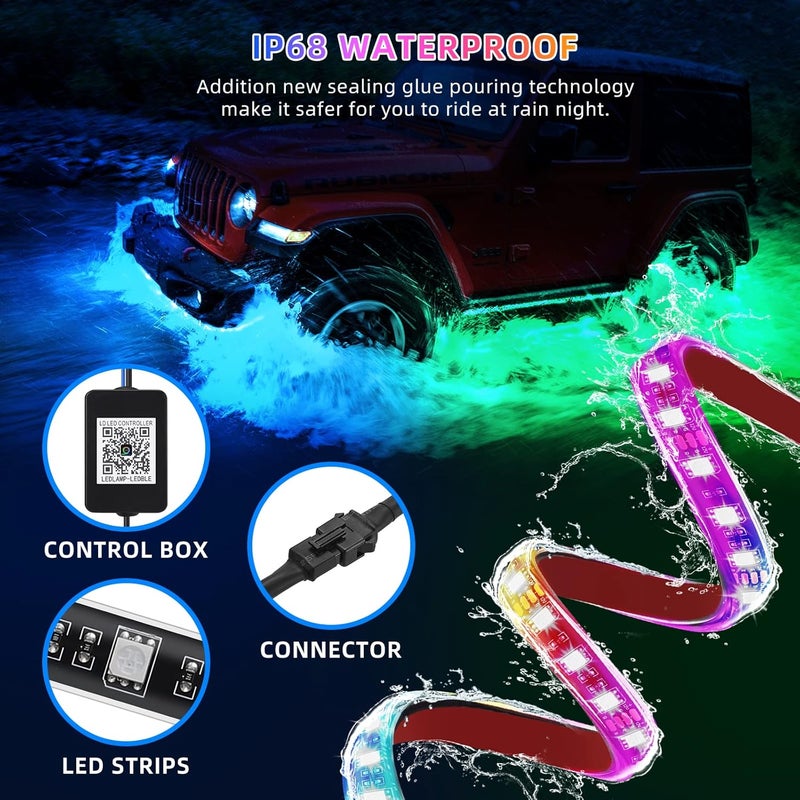 TDE Explorer.Lighting 4 pcs LED Neon Car Underglow Strip Lights for Jeep SUV ATV UTV Truck Golf Cart Driving Travel Essentials, 12-18V Waterproof Undercar Lighting with APP/RF Remote Control Music Sync Underbody Light Kit - Image 2