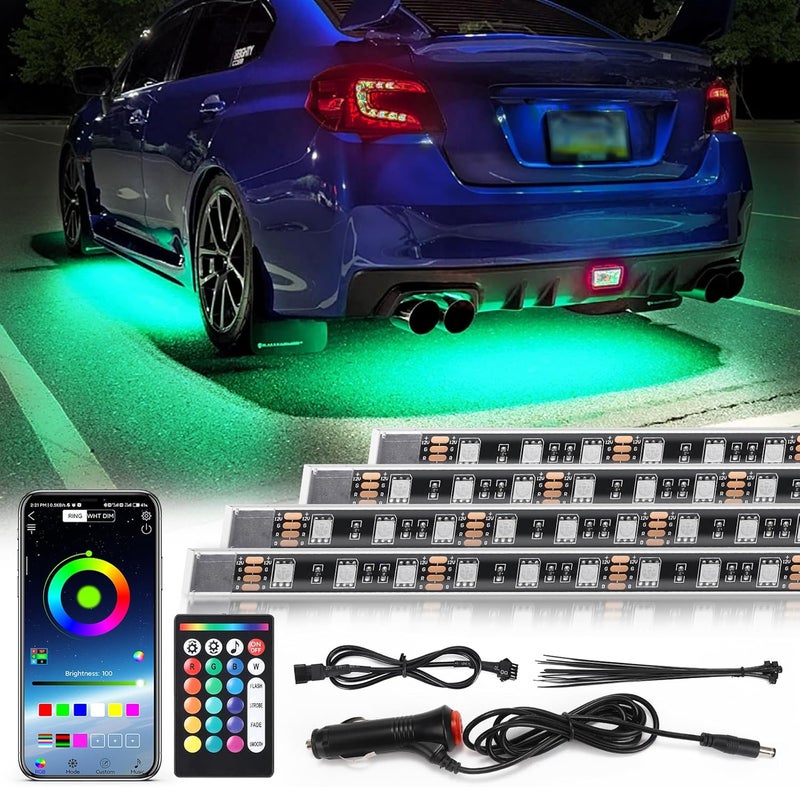 TDE Explorer.Lighting 4 pcs LED Neon Car Underglow Strip Lights for Jeep SUV ATV UTV Truck Golf Cart Driving Travel Essentials, 12-18V Waterproof Undercar Lighting with APP/RF Remote Control Music Sync Underbody Light Kit - Image 1