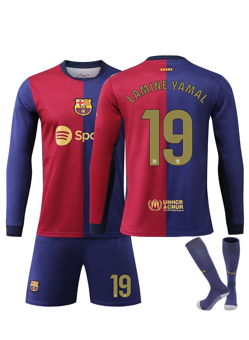 نادي برشلونة 24-25 المنزل لكرة القدم أطقم يامال#19 المشجعين كرة القدم جيرسي طويلة الأكمام / السراويل الجوارب طقم هدايا أحجام الشباب وحجم الكبار - Image 1