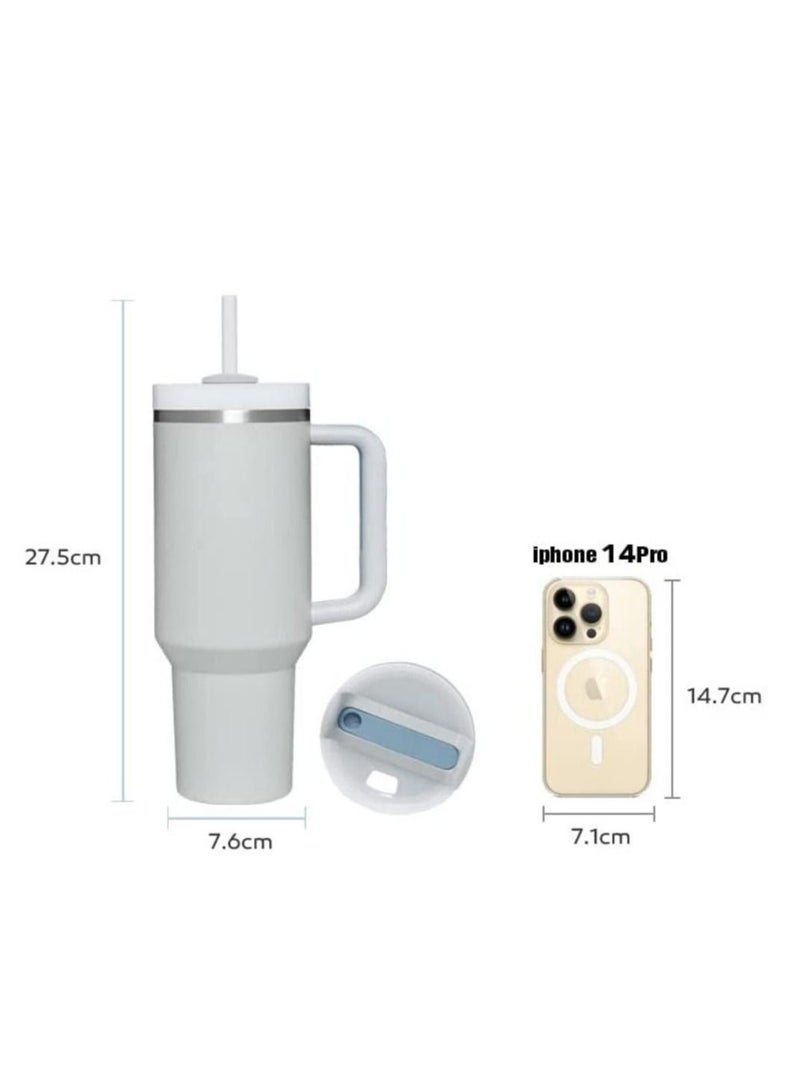 40 Ounce Insulated Cup With Lid And Straw Reusable 304 Stainless Steel Water Bottle Iced Coffee Bear Travel Mug For Car Gym Fitness (White)  - Image 2