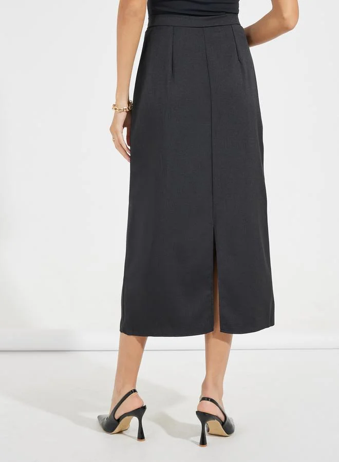 Styli Tailored Twill Midi Skirt with Back Slit