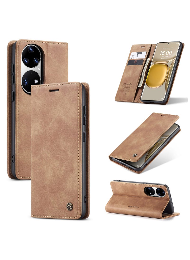 CaseMe Huawei P50 Pro Case Wallet, for Huawei P50 Pro Wallet Case Book Folding Flip Folio Case with Magnetic Kickstand Card Slots Protective Cover - Brown - Image 1