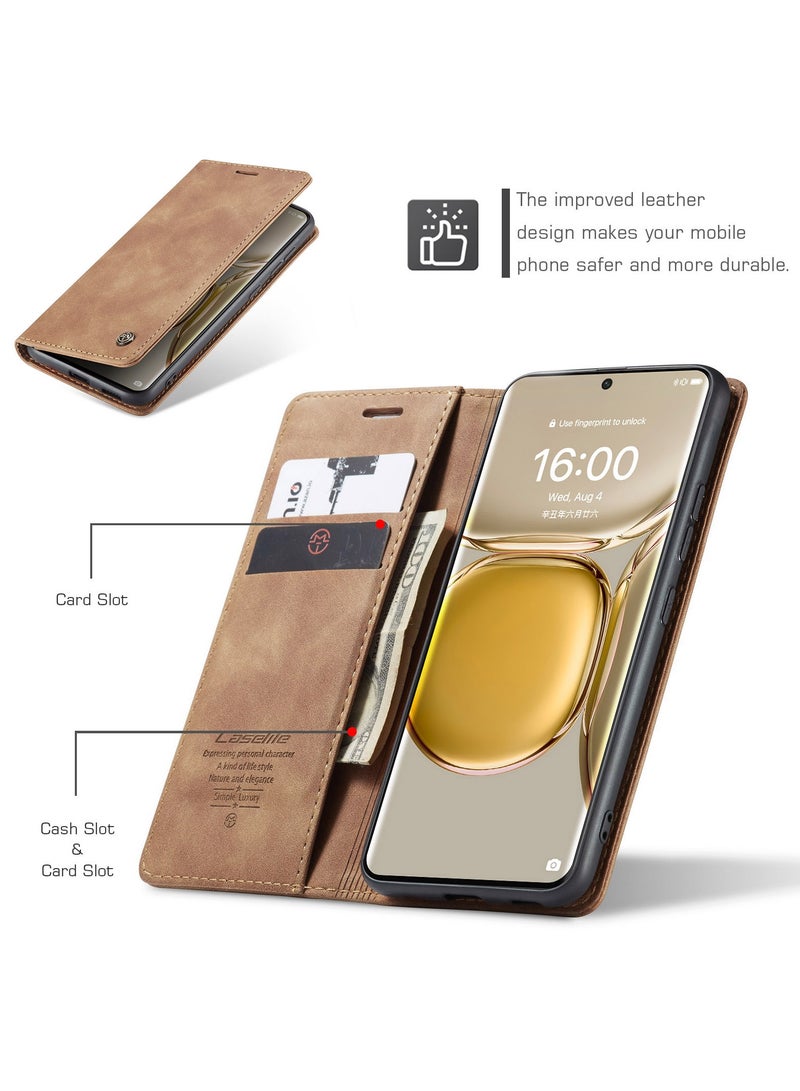 CaseMe Huawei P50 Pro Case Wallet, for Huawei P50 Pro Wallet Case Book Folding Flip Folio Case with Magnetic Kickstand Card Slots Protective Cover - Brown - Image 5