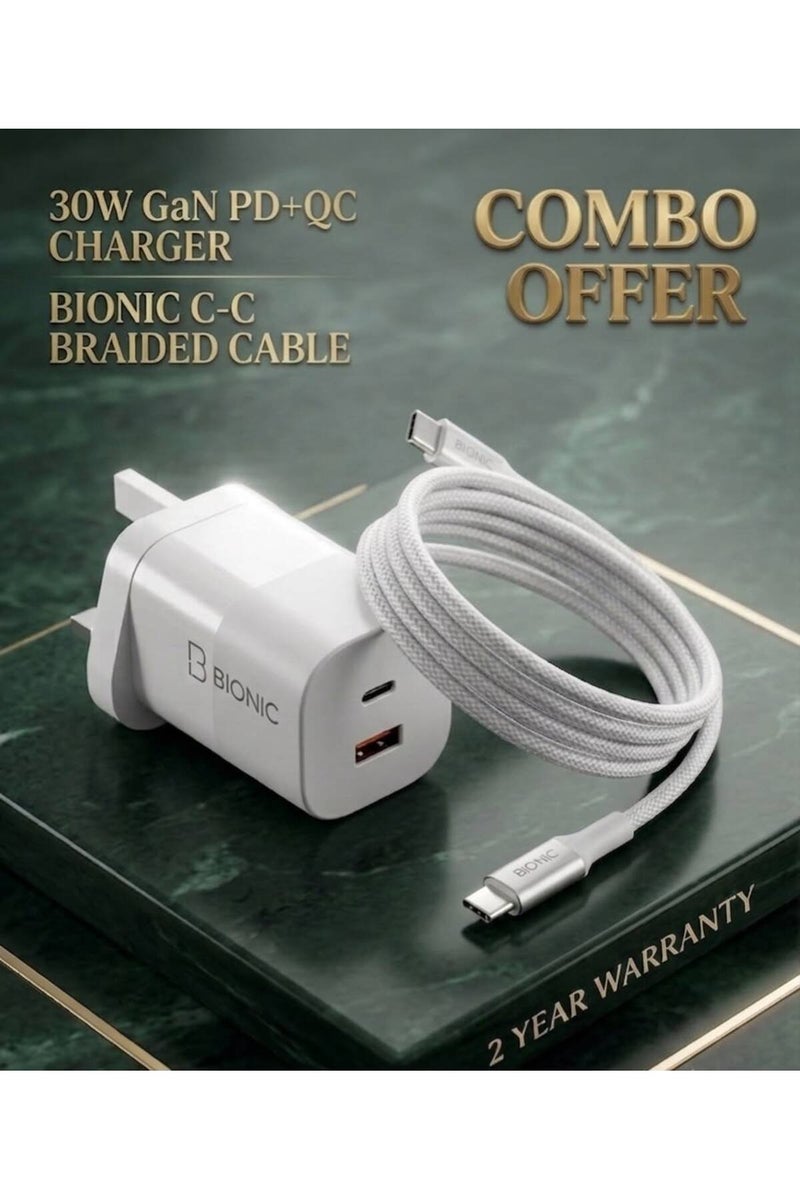بيونيك شاحن سريع GaN بقوة 45 واط مع كابل مضفر من Type-C إلى Type-C | توصيل الطاقة (PD) والشحن السريع (QC) | محول حائط فائق الصغر وسلك شحن عالي المتانة (سنتان) - Image 5